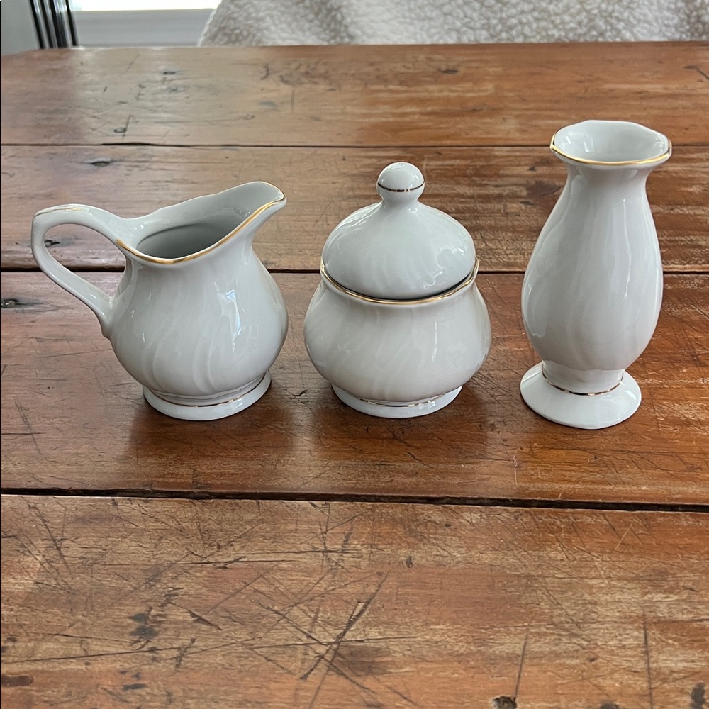 DC Jamestown China. Allegro - Gold Trim - Sugar Bowl, Vase, Creamer